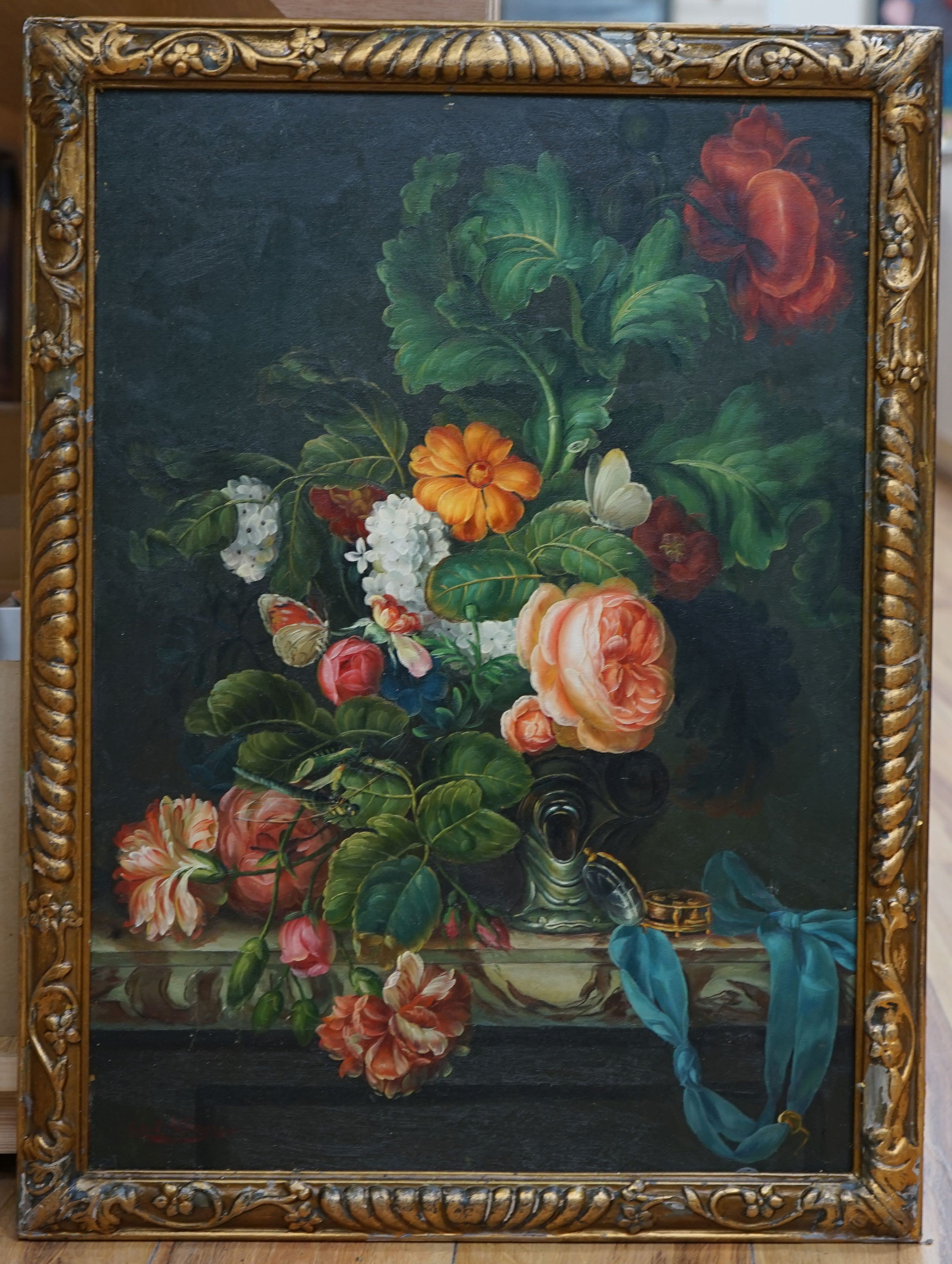 fter Cecil Kennedy, oil on board, Still life of flowers in a vase upon a ledge, bears signature, 58 x 41cm